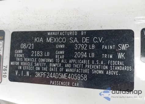 2021 Kia Forte Lxs из США, поврежденный, VIN 3KPF24AD5ME405958